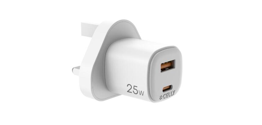 UPTC1A1C25WUK - Caricabatteria da rete con doppia porta USB-C e USB-A, tecnologia GaN, potenza massima 25 Watt, presa UK [UPTC COLLECTION]