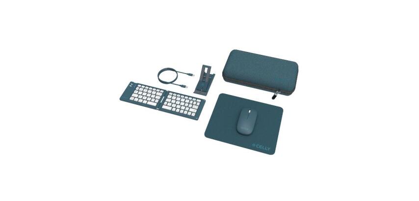 KITTRAVEL - Kit Viaggio per lavorare in mobilità, tastiera wireless pieghevole, mouse wireless, mousepad, supporto smartphone, cavo USB-C