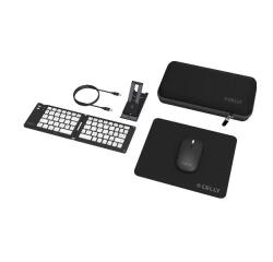 KITTRAVEL - Kit Viaggio per lavorare in mobilità, tastiera wireless pieghevole, mouse wireless, mousepad, supporto smartphone, cavo USB-C