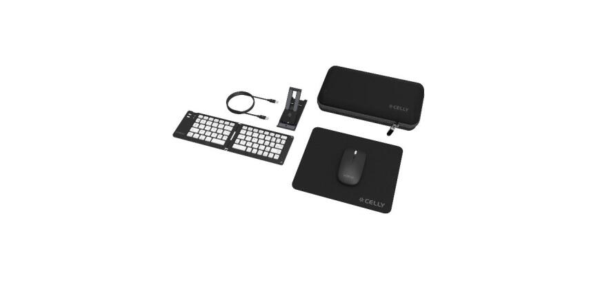 KITTRAVEL - Kit Viaggio per lavorare in mobilità, tastiera wireless pieghevole, mouse wireless, mousepad, supporto smartphone, cavo USB-C
