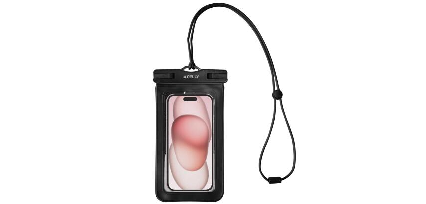 SPLASHBAG25 - Custodia impermeabile per smartphone fino a 7", design trasparente, chiusura ermetica, laccio a collo incluso