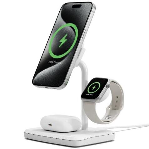 ChargeBase Base di ricarica 3 in 1 Qi2 per iphone 16 e precedenti   per Apple Watch e per Airpods Bianco