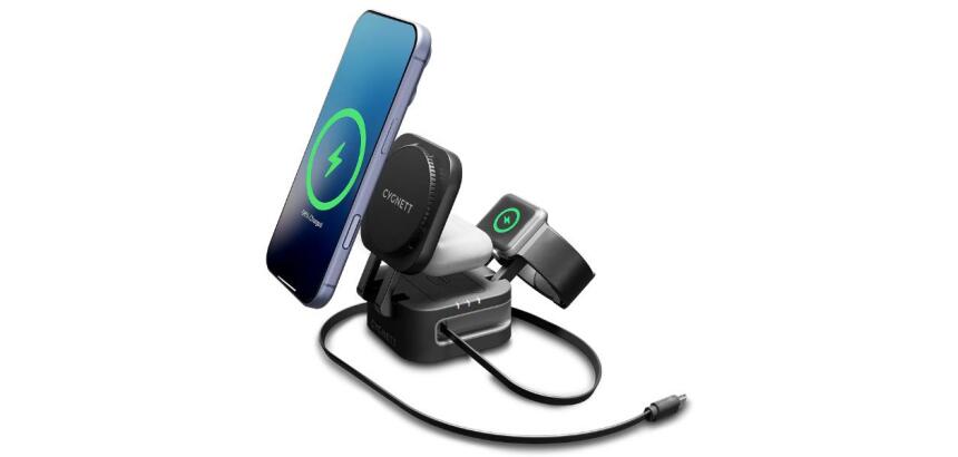 Caricabatterie wireless pieghevole 3 in 1 con cavo retrattile