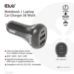 Notebook / Laptop Car Charger 36 Watt/ 2USB A + 1USB C