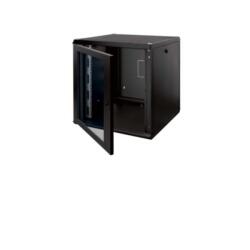 RACK A PARETE  12U L600XP600  PORTA ANT. IN VETRO  PANNELLI LATERALI E POSTERIORI  PROFILI 19  ANTERIORI  KIT PER MONT. A PARETE  IP30  NERO