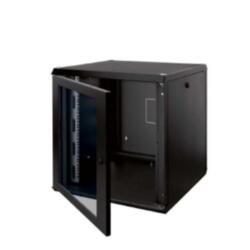RACK A PARETE  6U L600XP400  PORTA ANT. IN VETRO  PANNELLI LATERALI E POSTERIORI  PROFILI 19  ANTERIORI  KIT PER MONT. A PARETE  IP30  NERO