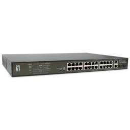 28-Port Fast Ethernet PoE Switch  24 PoE Outputs  2 x Gigabit RJ45  2 x Gigabit SFP  802.3at/af PoE  390W