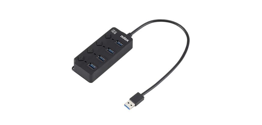 NILOX TECH - Hub con 4 porte USB-A 3.2 Gen1, switch, compatibile con USB-A 2.0, indicatori LED, connettore USB-A output