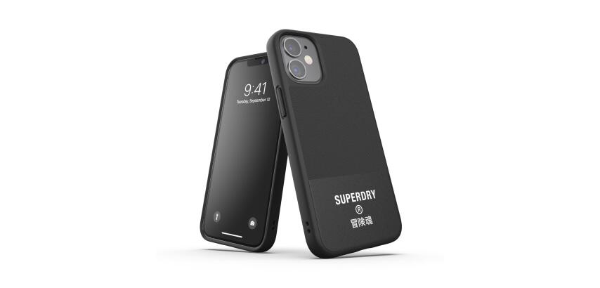 SUPERDRY - Cover in TPU+Policarbonato flessibile anti-urto con intarsiatura in tela colore nero compatibile con Apple iPhone 12 Mini