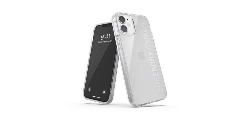 SUPERDRY - Cover trasparente con logo Superdry colore argento bordi rialzati compatibile con Apple iPhone 12 Mini