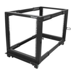 StarTech.com 4-Post 12U Mobile Open Frame Server Rack, Four Post 19" Network Rack with Wheels, Rolling Rack with Adjustable Depth for Computer/AV/Data/IT Equipment - Casters, Leveling Feet or Floor Mounting