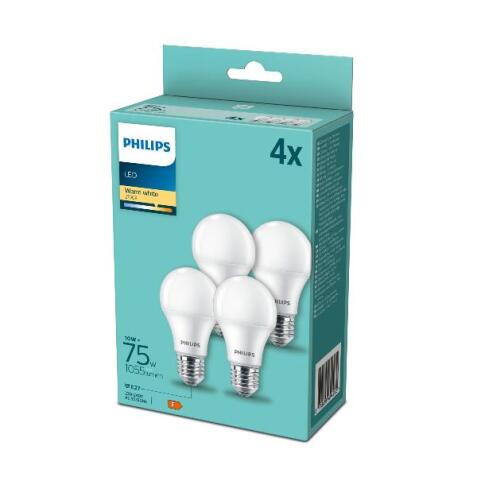 PHILIPS LAMPADINA LED A GOCCIA LUCE BIANCA CALDA CONF 4 75W