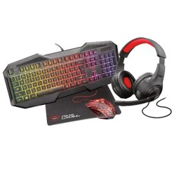 4 IN 1 GAMING BUNDLE  CONTAINING A KEYBOARD AND MOUSE WITH COLOURFUL  ILLUMINATION  A COMFORTABLE  MULTIPLATFORM HEADSET NON-SLIP MOUSE PAD