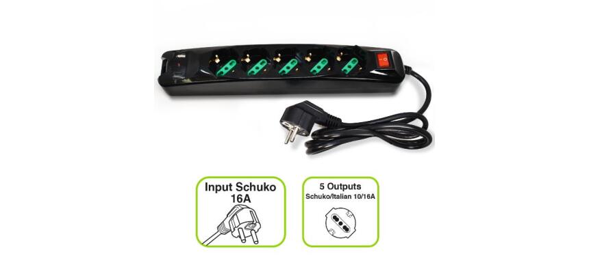 POWER CLEANER 5: INGRESSO SCHUKO - 5 USCITE ITALIA/SCHUKO - 1 PORTA USB-A - 1 PORTA USB-C - TOGETHER ON