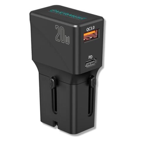 ADATTATORE UNIVERSALE DA VIAGGIO CON PRESA USB-C E USB-A COMPATIBILE CON PRESE DI 200 PAESI FINO A 20W