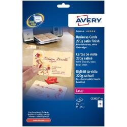 AVERY Biglietti da visita bianchi finitura satinata, 220gr, 85x54mm, angoli arrtondati, laser, stampa fronte e retro, 10 biglietti per foglio, 25 fogli per confezione