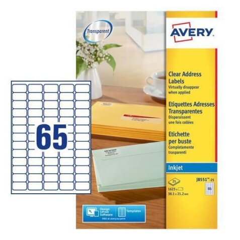 AVERY Etichette trasparenti opache 38,1x21,1mm, 65 etichette per foglio, adesivo permanente, inkjet, 25 fogli