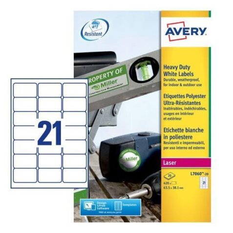 AVERY Etichette resistenti in poliestere bianco 63,5x38,1mm, 21 etichette per foglio, adesivo permanente, laser, 20 fogli