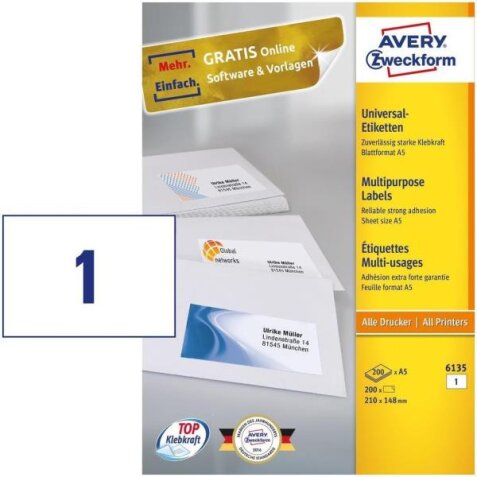 AVERY Etichette in carta bianca 210x148mm (A5), 1 etichetta per foglio, adesivo permanente, laser e inkjet, 200 fogli