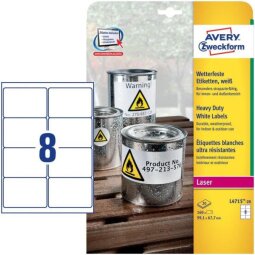 AVERY Etichette resistenti in poliestere bianco 99,1 x 67,7mm, 8 etichette per foglio, adesivo permanente, laser, 20 fogli