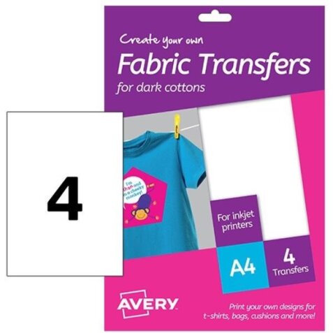 AVERY T-shirt Transfer, fogli termotrasferibili con ferro da stiro, per tessuto scuro, stampante inkjet, 210x297mm, 4 fogli per confezione