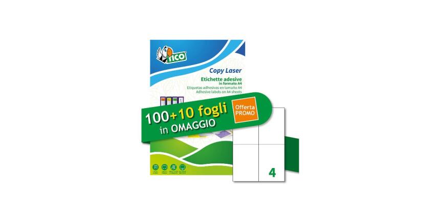 ETICHETTE BIANCHE ADESIVE 105X148MM  4 ETICHETTE PER FOGLIO           PERMANENTE  LASER/INKJET  CONFEZIONE DA 100 +10 FF OMAGGIO