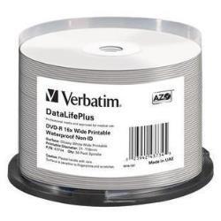 VERBATIM DVD-R 16X WIDE PRINTABLE GLOSSY WATERPROOF NON-ID 50PK SPINDLE