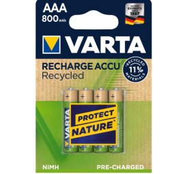 RECYCLED Batteria Ricaricabile AAA Ministilo, 800 mAh, Confezione da 4 Pile, Pre-caricate, Pro