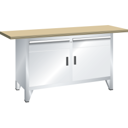 LISTA - Établi système (LxPxH) 1500x700x840mm 2 portes battantes, 2 tiroirs multiplex KEY Lock Gris clair RAL 7035
