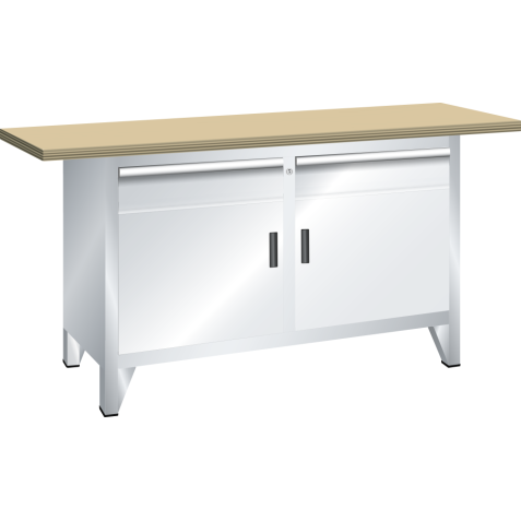 LISTA - Établi système (LxPxH) 1500x700x840mm 2 portes battantes, 2 tiroirs multiplex KEY Lock Gris clair RAL 7035