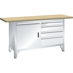 LISTA - Établi système (LxPxH) 1500x700x840mm 1 porte battante, 5 tiroirs multiplex KEY Lock Gris clair RAL 7035