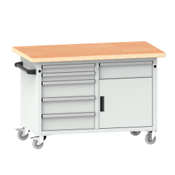 LISTA - Établi système mobile (LxPxH) 1250x700x877mm 1 porte battante, 6 tiroirs multiplex KEY Lock Gris clair RAL 7035