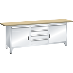 LISTA - Établi système (LxPxH) 2000x700x840mm 2 portes battantes, 6 tiroirs multiplex KEY Lock Gris clair RAL 7035