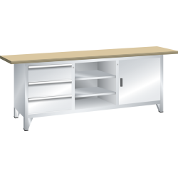 LISTA - Établi système (LxPxH) 2000x700x840mm 1 porte battante, 2 rayons, 3 tiroirs multiplex KEY Lock Gris clair RAL 7035
