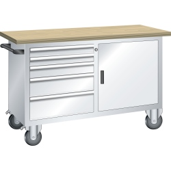 LISTA - Établi système mobile (LxPxH) 1250x700x877mm 1 porte battante, 1 rayon, 5 tiroirs multiplex KEY Lock Gris clair RAL 7035