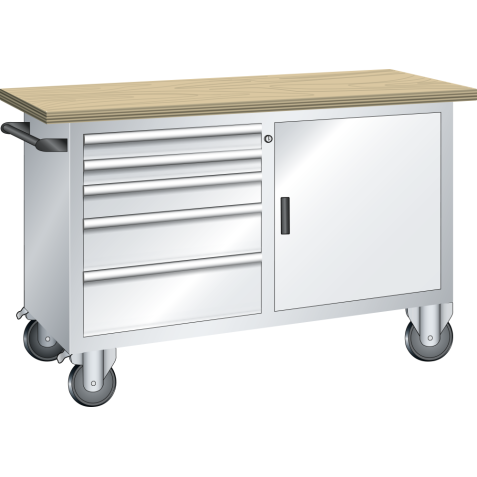 LISTA - Établi système mobile (LxPxH) 1250x700x877mm 1 porte battante, 1 rayon, 5 tiroirs multiplex KEY Lock Gris clair RAL 7035