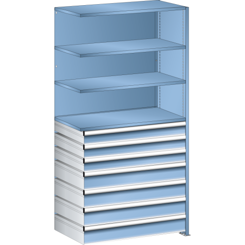 LISTA - Rayonnage universel L1006 unité annexe (LxPxH) 1000x500x2000mm 4 rayons lisse (160kg), 7 tiroirs (50kg) Bleu clair RAL 5012