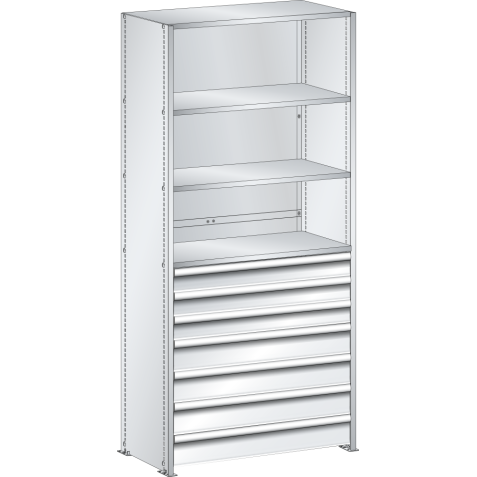 LISTA - Rayonnage universel L1006 unité de base (LxPxH) 1000x500x2200mm 4 rayons lisse (160kg), 7 tiroirs (50kg) Gris clair RAL 7035