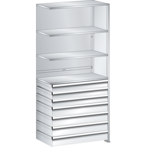 LISTA - Rayonnage universel L1006 unité annexe (LxPxH) 1000x500x2200mm 4 rayons lisse (160kg), 7 tiroirs (50kg) Gris clair RAL 7035