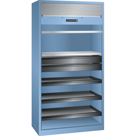 LISTA - Armoire à rideau (LxPxH) 1000x580x1950mm 2 rayons, 2 tiroirs, 3 rayons extensibles KEY Lock Bleu clair RAL 5012