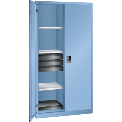 LISTA - Armoire à portes battantes avec 2 portes en tôle pleine charnière et paroi de séparation (LxPxH) 1000x580x1950mm 6 rayons, 6 tiroirs, 2 rayons extensibles KEY Lock Bleu clair RAL 5012