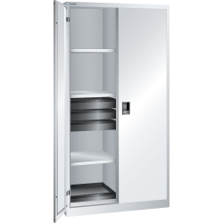LISTA - Armoire à portes battantes avec 2 portes en tôle pleine charnière et paroi de séparation (LxPxH) 1000x580x1950mm 6 rayons, 6 tiroirs, 2 rayons extensibles KEY Lock Gris clair RAL 7035