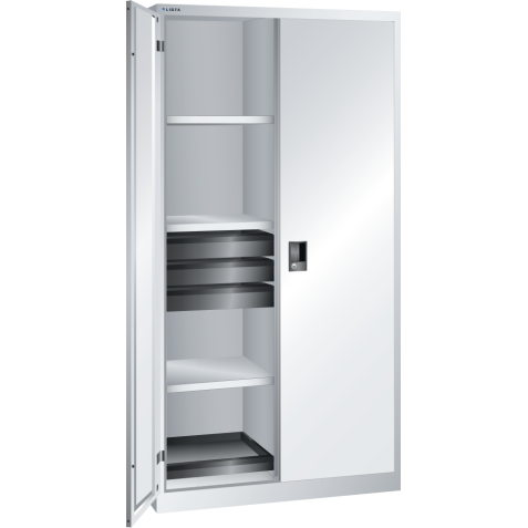 LISTA - Armoire à portes battantes avec 2 portes en tôle pleine charnière et paroi de séparation (LxPxH) 1000x580x1950mm 6 rayons, 6 tiroirs, 2 rayons extensibles KEY Lock Gris clair RAL 7035