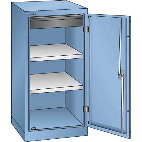 LISTA - Armoire à portes battantes avec 1 porte en tôle pleine charnière (LxPxH) 500x580x1000mm 2 rayons, 1 tiroir KEY Lock Bleu clair RAL 5012