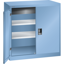 LISTA - Armoire à portes battantes avec 2 portes en tôle pleine charnière (LxPxH) 1000x580x1000mm 2 rayons, 1 tiroir KEY Lock Bleu clair RAL 5012