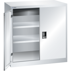 LISTA - Armoire à portes battantes avec 2 portes en tôle pleine charnière (LxPxH) 1000x580x1000mm 2 rayons, 1 tiroir KEY Lock Gris clair RAL 7035