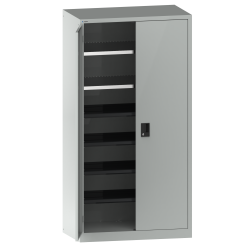 LISTA - Armoire à portes battantes avec 2 portes en tôle pleine charnière (LxPxH) 1000x580x1950mm 2 rayons, 4 rayons extensibles KEY Lock Gris clair RAL 7035