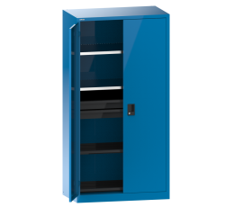 Armoire à 2 portes battantes pleines charnière Lista H 195 x L 100 x P 58 cm 2 étagères amovibles, 3 tiroirs et 2 étagères extensibles Key Lock