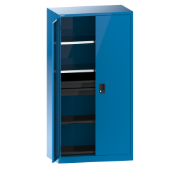 LISTA - Armoire à portes battantes avec 2 portes en tôle pleine charnière (LxPxH) 1000x580x1950mm 2 rayons, 3 tiroirs, 2 rayons extensibles KEY Lock Bleu clair RAL 5012