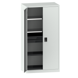 LISTA - Armoire à portes battantes avec 2 portes en tôle pleine charnière (LxPxH) 1000x580x1950mm 2 rayons, 3 tiroirs, 2 rayons extensibles KEY Lock Gris clair RAL 7035